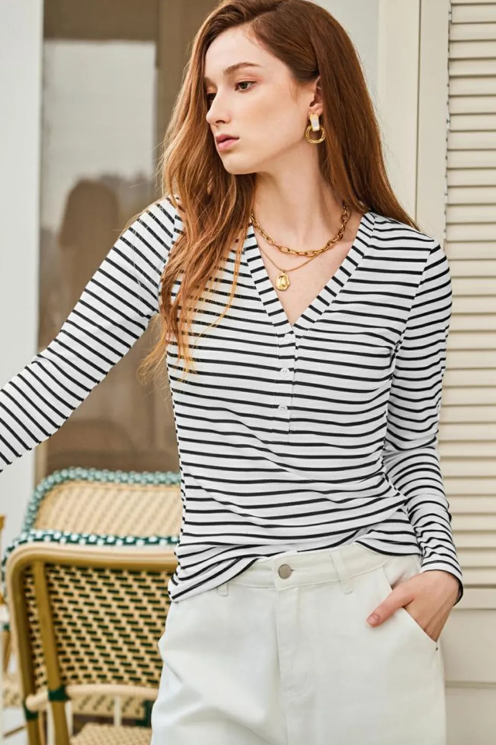 Fashion Dear-Lover Slim Fit Buttoned V Neck Long Sleeve T Shirt White Stripe