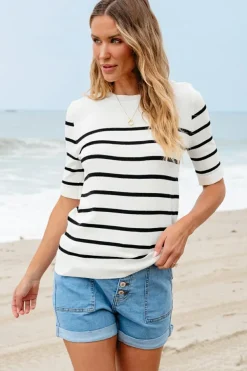 Outlet Dear-Lover Striped Half Sleeve Knitted Tee White Stripe