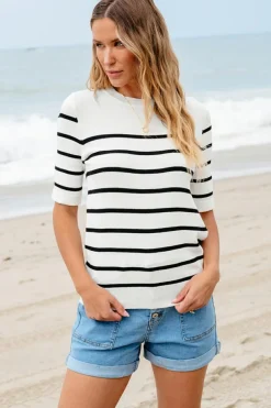 Outlet Dear-Lover Striped Half Sleeve Knitted Tee White Stripe