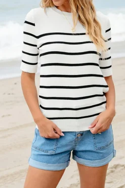 Outlet Dear-Lover Striped Half Sleeve Knitted Tee White Stripe