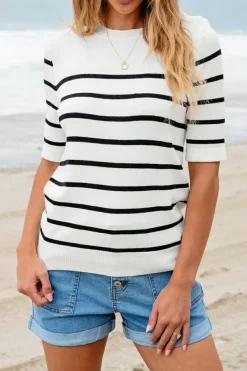 Outlet Dear-Lover Striped Half Sleeve Knitted Tee White Stripe