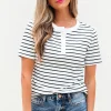 Discount Dear-Lover Textured Short Sleeve Buttoned Henley Top White Stripe