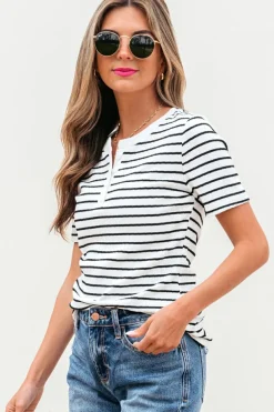 Discount Dear-Lover Textured Short Sleeve Buttoned Henley Top White Stripe