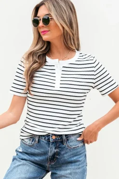 Discount Dear-Lover Textured Short Sleeve Buttoned Henley Top White Stripe