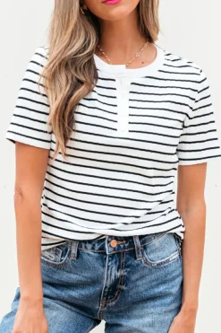 Discount Dear-Lover Textured Short Sleeve Buttoned Henley Top White Stripe
