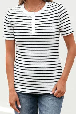 Discount Dear-Lover Textured Short Sleeve Buttoned Henley Top White Stripe