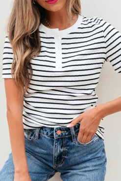 Discount Dear-Lover Textured Short Sleeve Buttoned Henley Top White Stripe