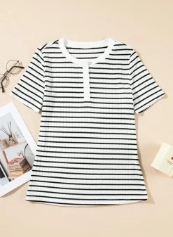 Discount Dear-Lover Textured Short Sleeve Buttoned Henley Top White Stripe