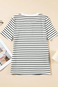 Discount Dear-Lover Textured Short Sleeve Buttoned Henley Top White Stripe