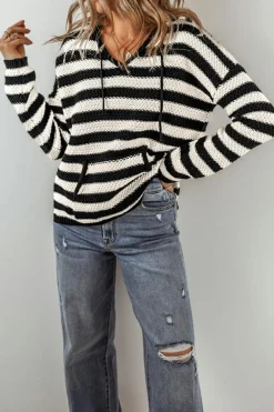 Online Dear-Lover V Neck Pocketed Drawstring Hooded Sweater White Stripe