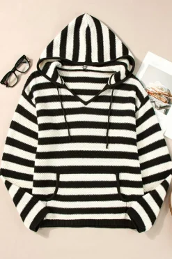 Online Dear-Lover V Neck Pocketed Drawstring Hooded Sweater White Stripe