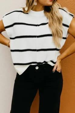 Fashion Dear-Lover Striped Batwing Sleeve Sweater Tee White