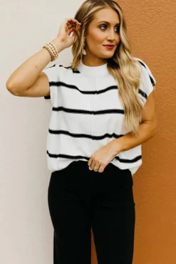 Fashion Dear-Lover Striped Batwing Sleeve Sweater Tee White