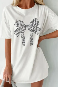 Fashion Dear-Lover Striped Bow Knot Half Sleeve Tunic T Shirt White