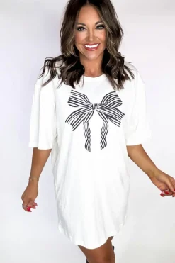 Fashion Dear-Lover Striped Bow Knot Half Sleeve Tunic T Shirt White