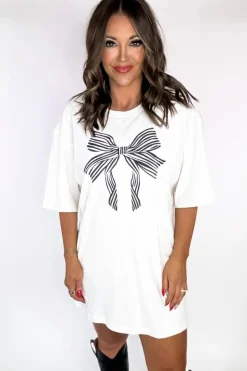 Fashion Dear-Lover Striped Bow Knot Half Sleeve Tunic T Shirt White