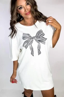 Fashion Dear-Lover Striped Bow Knot Half Sleeve Tunic T Shirt White