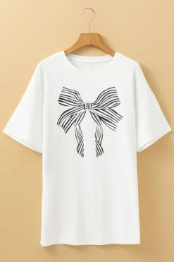 Fashion Dear-Lover Striped Bow Knot Half Sleeve Tunic T Shirt White