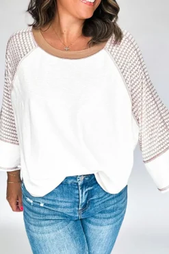 Online Dear-Lover Striped Bracelet Sleeve Raglan Patchwork Top White