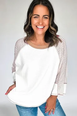 Online Dear-Lover Striped Bracelet Sleeve Raglan Patchwork Top White