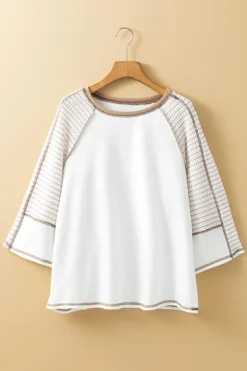 Online Dear-Lover Striped Bracelet Sleeve Raglan Patchwork Top White