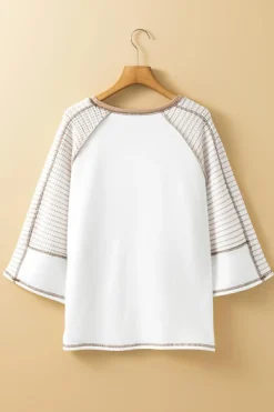Online Dear-Lover Striped Bracelet Sleeve Raglan Patchwork Top White