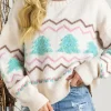 Sale Dear-Lover Striped Christmas Tree Ribbed Trim Drop Shoulder Sweater White