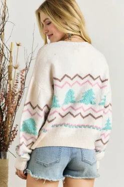 Sale Dear-Lover Striped Christmas Tree Ribbed Trim Drop Shoulder Sweater White