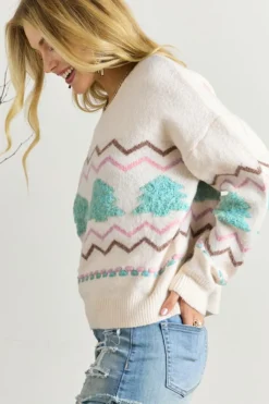 Sale Dear-Lover Striped Christmas Tree Ribbed Trim Drop Shoulder Sweater White
