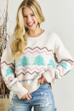 Sale Dear-Lover Striped Christmas Tree Ribbed Trim Drop Shoulder Sweater White