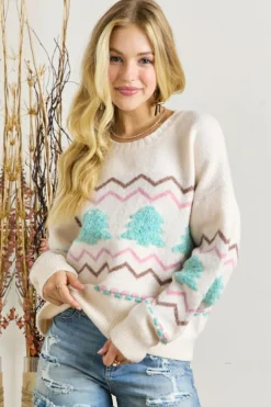 Sale Dear-Lover Striped Christmas Tree Ribbed Trim Drop Shoulder Sweater White