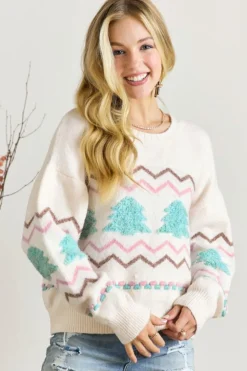 Sale Dear-Lover Striped Christmas Tree Ribbed Trim Drop Shoulder Sweater White