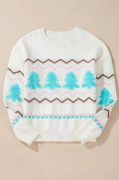 Sale Dear-Lover Striped Christmas Tree Ribbed Trim Drop Shoulder Sweater White