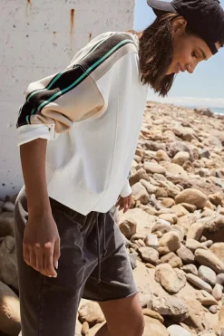 Discount Dear-Lover Striped Color Block Exposed Seam Loose Active Sweatshirt White