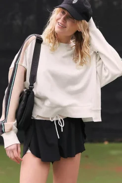 Discount Dear-Lover Striped Color Block Exposed Seam Loose Active Sweatshirt White
