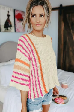 Sale Dear-Lover Striped Detail Wide Sleeve Lightweight Knitted Sweater White