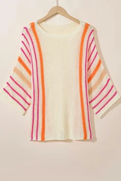 Sale Dear-Lover Striped Detail Wide Sleeve Lightweight Knitted Sweater White