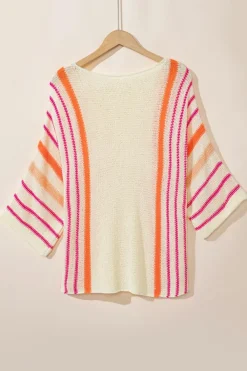 Sale Dear-Lover Striped Detail Wide Sleeve Lightweight Knitted Sweater White