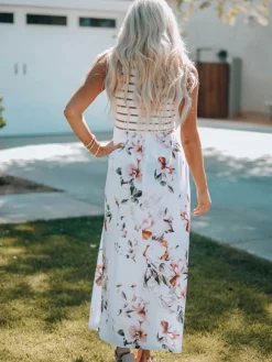 New Dear-Lover Striped Floral Print Sleeveless Maxi Dress with Pocket White