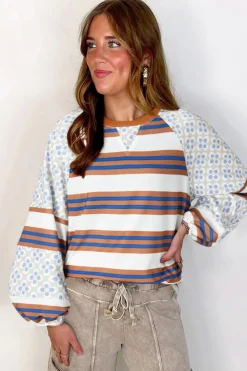 Discount Dear-Lover Striped Floral Printed Patchwork Lantern Sleeve Blouse White