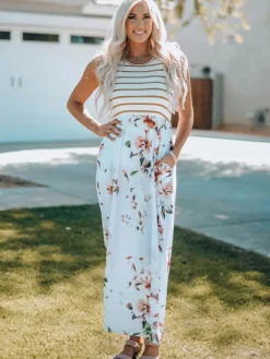 New Dear-Lover Striped Floral Print Sleeveless Maxi Dress with Pocket White