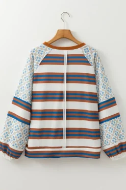 Discount Dear-Lover Striped Floral Printed Patchwork Lantern Sleeve Blouse White