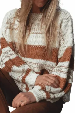 Best Dear-Lover Striped Knit Puff Sleeve Casual Sweater White