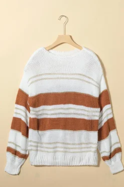 Best Dear-Lover Striped Knit Puff Sleeve Casual Sweater White