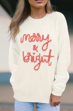 Hot Dear-Lover Striped Merry Bright Letter Christmas Sweater White