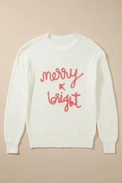 Hot Dear-Lover Striped Merry Bright Letter Christmas Sweater White