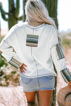 Online Dear-Lover Striped Patchwork Exposed Seam Waffle Knit Top White