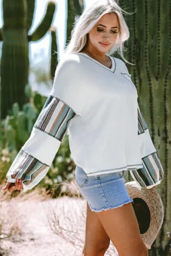 Online Dear-Lover Striped Patchwork Exposed Seam Waffle Knit Top White