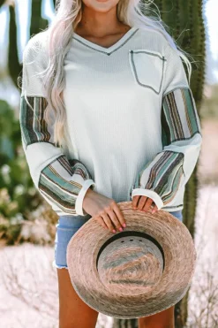 Online Dear-Lover Striped Patchwork Exposed Seam Waffle Knit Top White