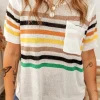Fashion Dear-Lover Striped Pocketed Loose Fit Crewneck Knitted T Shirt White